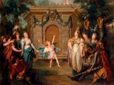 a painting of a group of people in a wooded setting