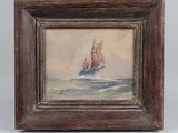 an oil painting of a sailboat in the ocean by a wooden frame