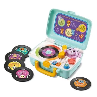 une image représentant une valise jouet avec un tourne-disque et des autocollants