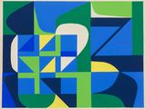 painting of a blue, green, yellow and white abstract design