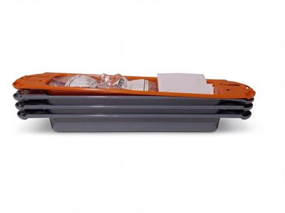 an orange and gray boat with a white label on it