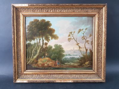 a painting of a wooded landscape with figures in the foreground