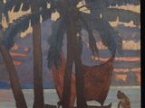 an image of a painting of a beach scene with palm trees and a boat