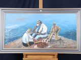 un tableau représentant un groupe d'hommes assis sur un rocher