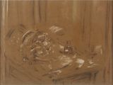 dessin représentant une nature morte avec une bouteille de vin et un vase posés sur une table