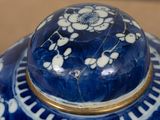 a close up of a blue and white vase with flowers on it
