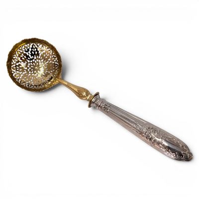 a silver spoon with a gold handle on a white surface