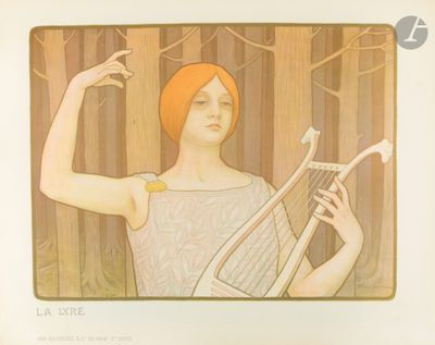 un tableau représentant une femme tenant une harpe devant une forêt