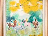 une peinture représentant un groupe de personnes à cheval dans un champ