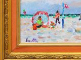 a painting of people on the beach with umbrellas
