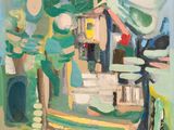 an image of a painting of a house with a tree in front of it