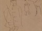un vieux dessin représentant un homme et un cheval dans un champ