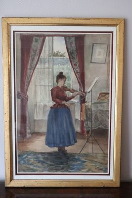 painting of a woman in a blue dress standing in front of a window