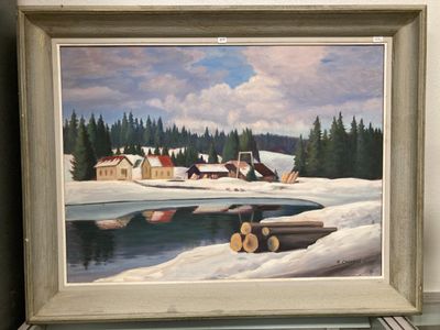 une photo d'un tableau représentant une cabane dans la neige