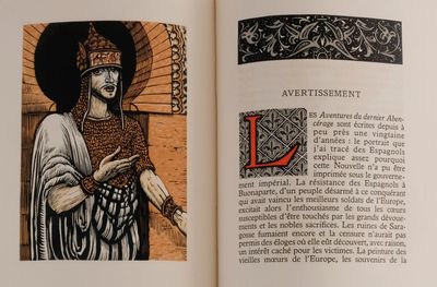 an open book with a picture of a woman holding a sword