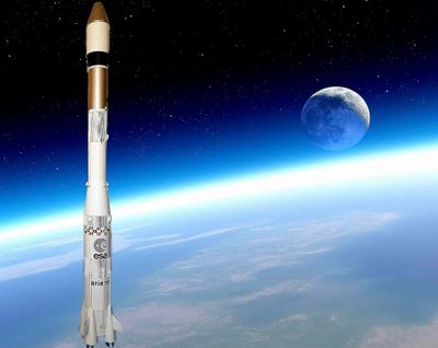 représentation artistique d'une fusée spatiale volant devant la Lune