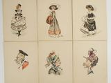 quatre dessins représentant des femmes en robe et chapeau sur un fond blanc