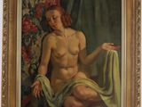 un tableau représentant une femme assise sur une chaise, tenant une serviette