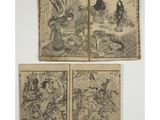 a set of three old japanese woodblocks depicting a man and woman in a garden