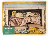 a picture of a painting of a woman laying on a bed
