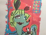 a drawing of a woman holding a cell phone in her hand