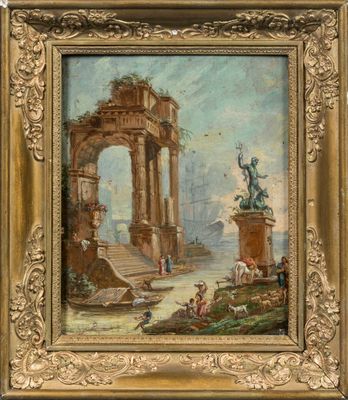 peinture représentant un paysage avec des personnages et une statue au premier plan