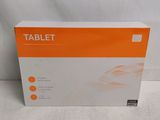 an orange and white tablet box sitting on top of a white table