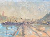 une peinture représentant une scène portuaire avec des bateaux sur l'eau