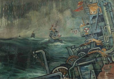 a painting of a ship in the water with other ships in the background