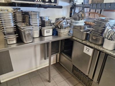 many pots and pans on the counter in the kitchen