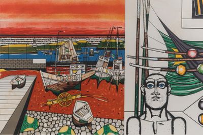two paintings of a man and a boat on the water