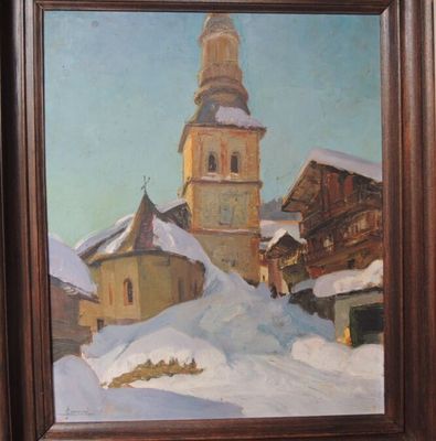 une image d'une peinture d'une église dans la neige