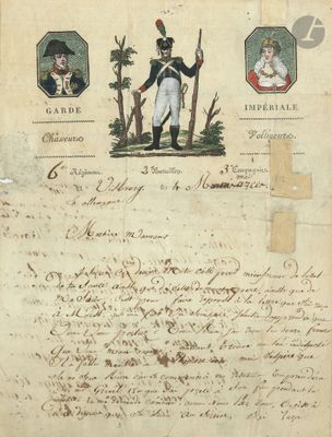 un vieux document sur lequel figure le dessin d'un homme en uniforme