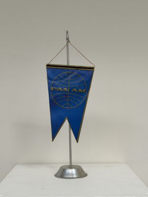 un drapeau bleu et or sur un mât, posé sur une surface blanche