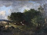 une image d'un tableau représentant un homme à cheval dans un champ
