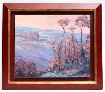 an oil painting of a landscape with trees in a wooden frame