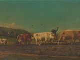 tableau représentant un homme menant un troupeau de bovins à travers un champ