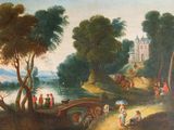 a painting of a painting of people and animals by a river