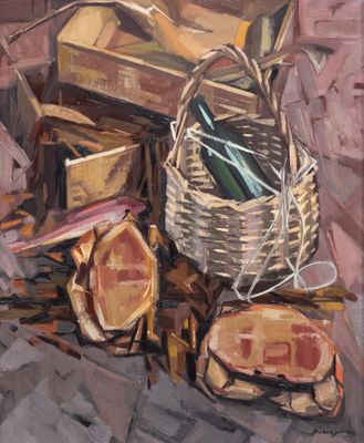 a painting of a basket and other items on a table