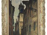 an image of a painting of a city street with a clock tower in the background