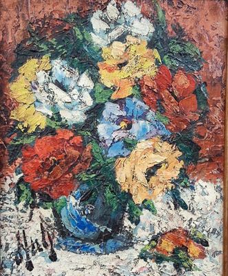 une peinture à l'huile représentant un vase de fleurs sur une table