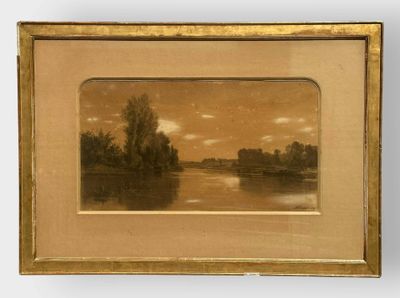 an old picture of a lake with trees and clouds in the background