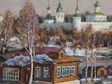 an oil painting of a village in winter with snow on the ground