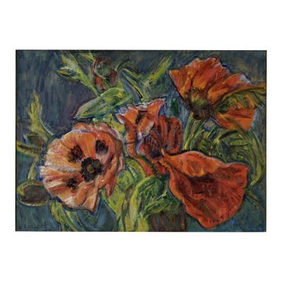 un tableau représentant des fleurs dans un vase posé sur une table