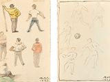 deux dessins représentant un homme et une femme jouant au football