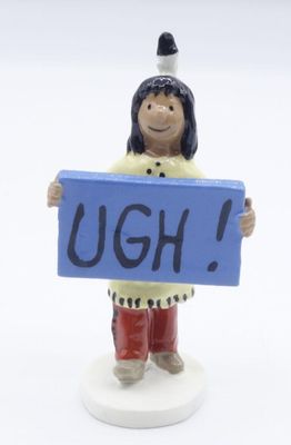 figurine of a woman holding a sign that says ugh