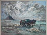a painting of two horses pulling a plow through the snow