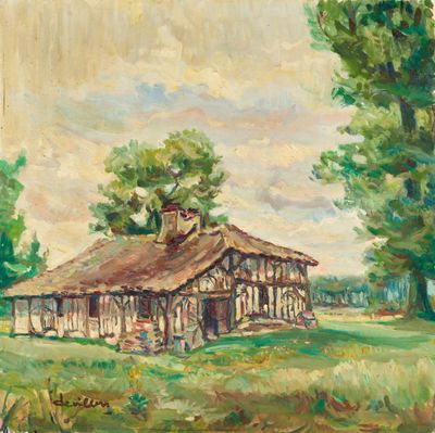 un tableau représentant une vieille grange dans un champ bordé d'arbres