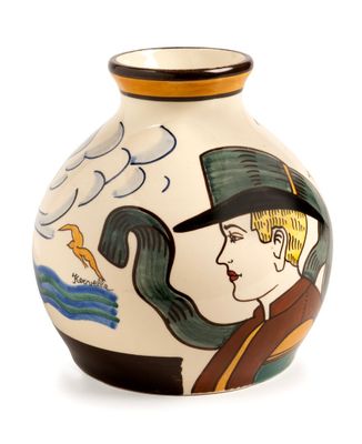 a vase with a picture of a man and a bird on it