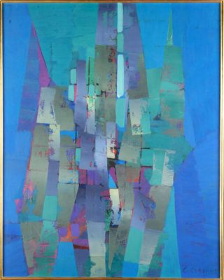 an abstract painting of blue, green, and purple shapes